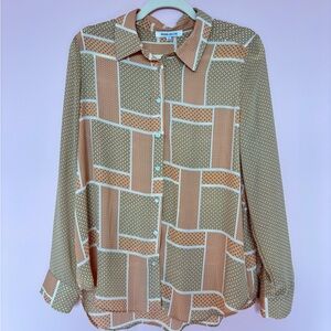 Rose & Olive Geometric Button Down Shirt - Peach, Brown and Cream